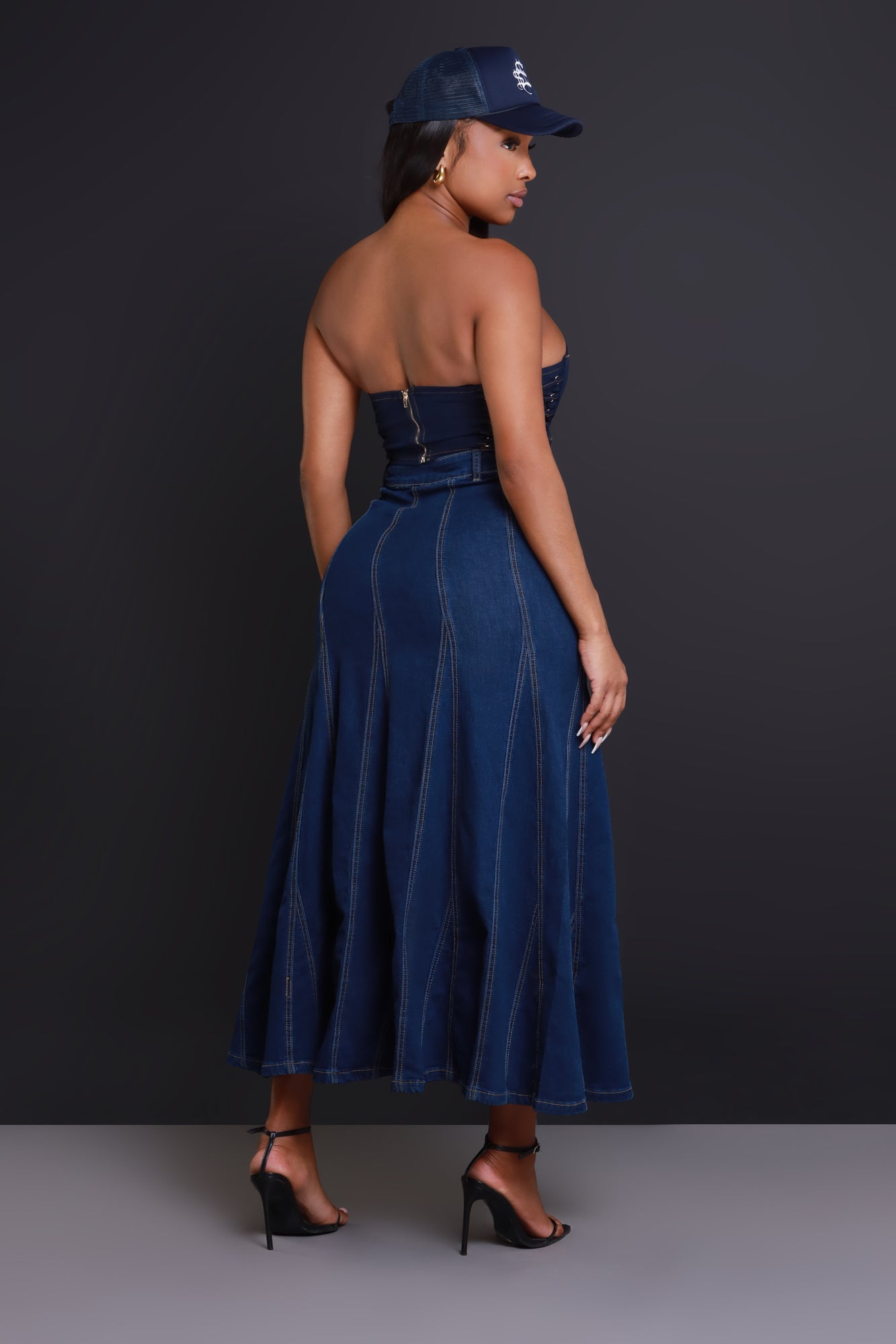 Owe You One Flared Denim Maxi Skirt - Dark Wash