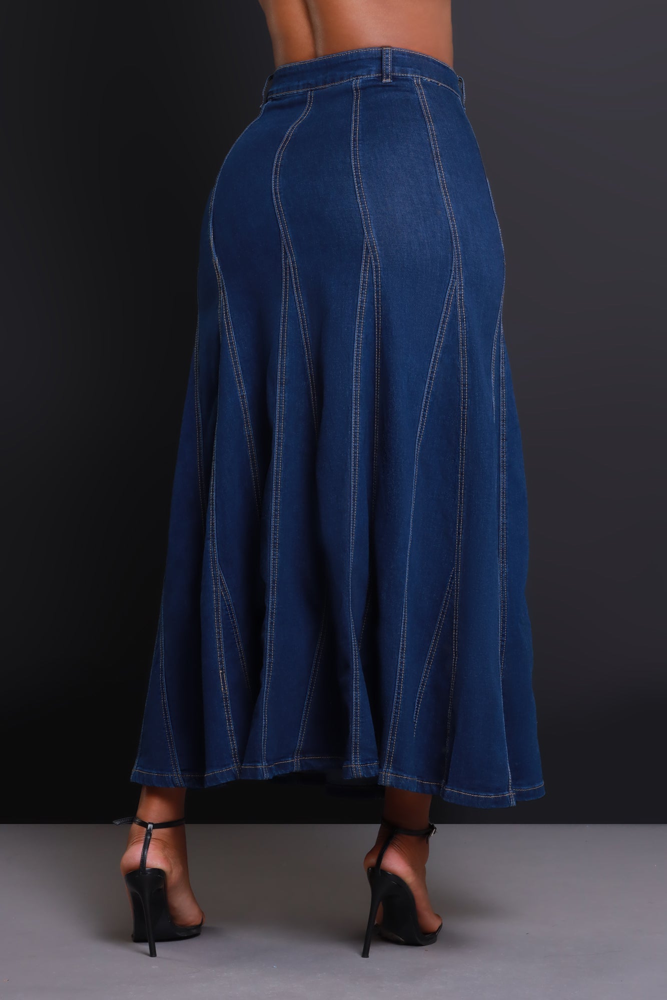Owe You One Flared Denim Maxi Skirt - Dark Wash
