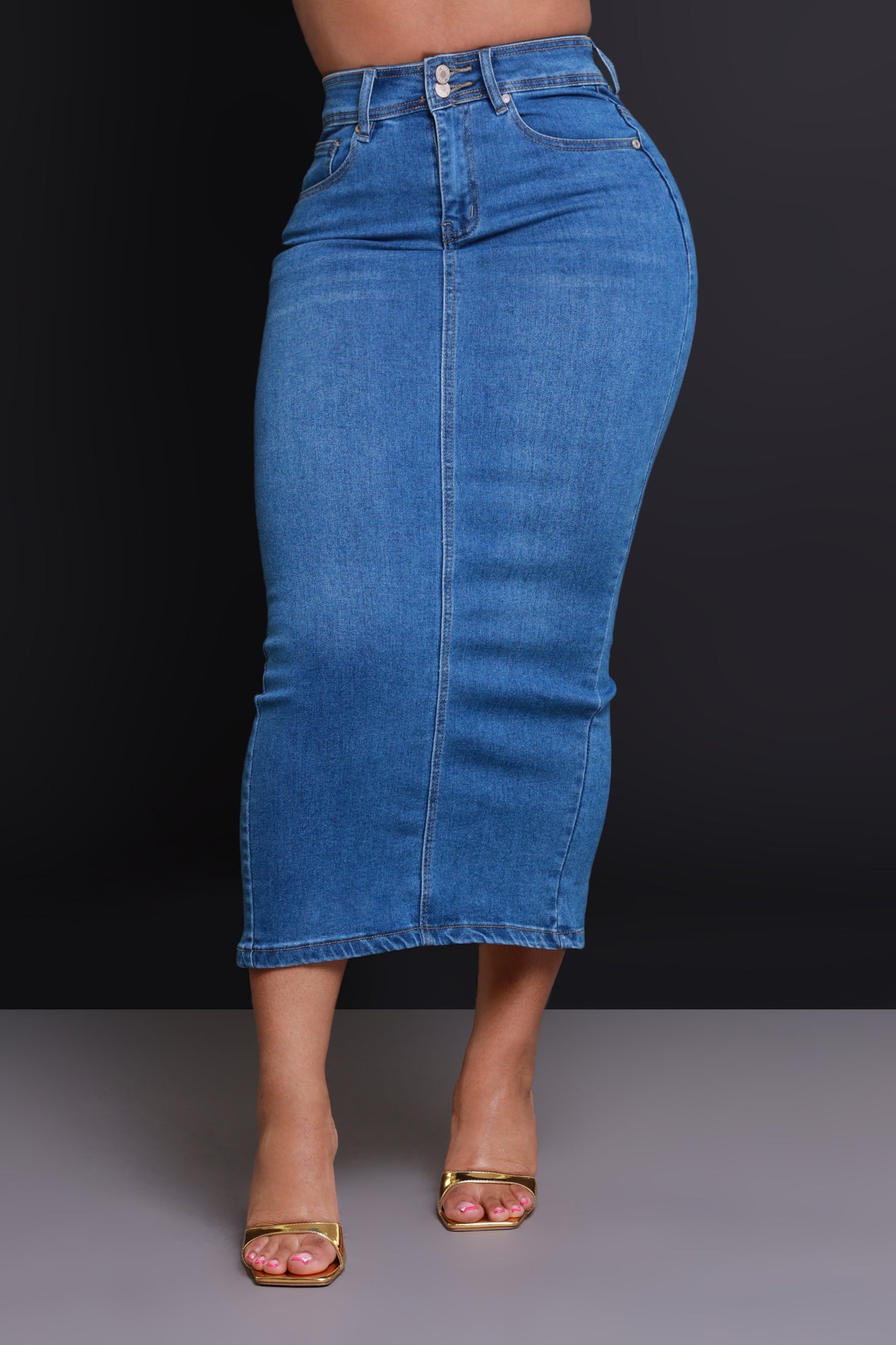 Sky High High Rise Denim Midi Skirt - Medium Wash