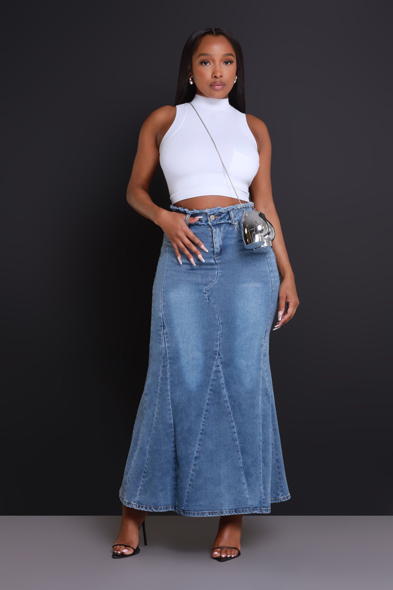 Anything Else Flared Denim Maxi Skirt - Medium Wash