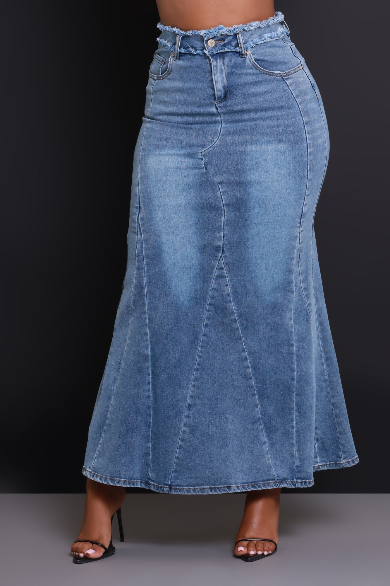 Anything Else Flared Denim Maxi Skirt - Medium Wash