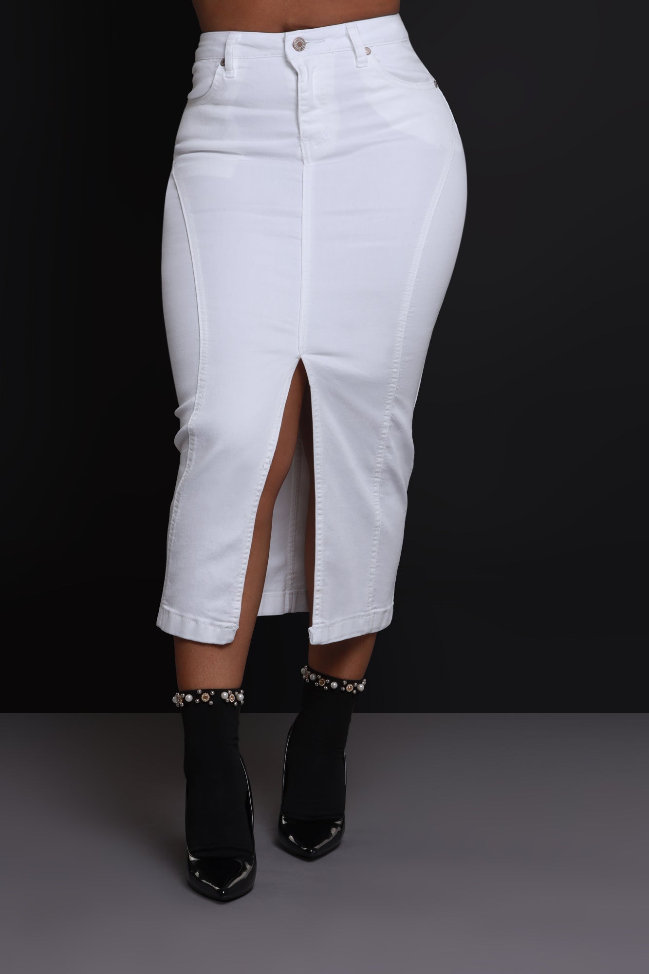 White Hot High Rise Denim Midi Skirt - White