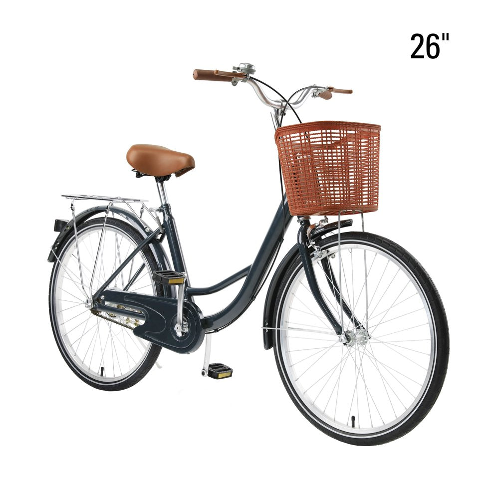 Preenex 26” Wheels Beach Cruiser Bike Men, Commuter Bicycle, Front Basket, Step-Through Frame, Rear Racks & Bell, Blue