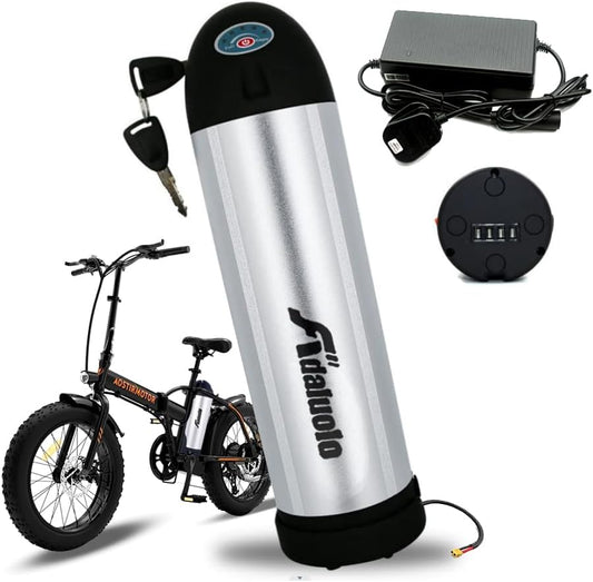 Ebike Battery, 36V 10AH Bottle Electric Bike Battery Pack Silver Lithium ion Bicycle Battery with Charger, 4 Pin Base, Safe Lock for 200W 250W 350W Motor