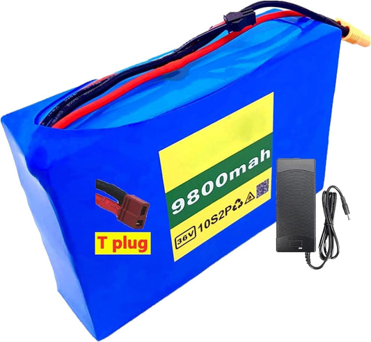 36V 9.8Ah 10S2P Electric Bicycle Lithium Battery Pack with BMS Board, for E-Bike Scooter Power Tools Motors Within 500W, Comes with Charger,T Plug
