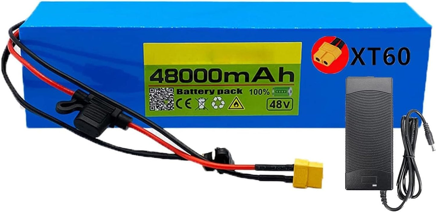 48V 48Ah Electric Bike Lithium Ion Battery, for 1000W 500W 250W Electric Bicycle Scooter Motor, with BMS Protection Board + Charger,Xt60