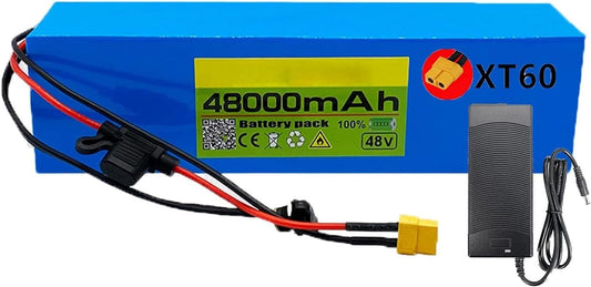 48V 48Ah Electric Bike Lithium Ion Battery, for 1000W 500W 250W Electric Bicycle Scooter Motor, with BMS Protection Board + Charger,Xt60