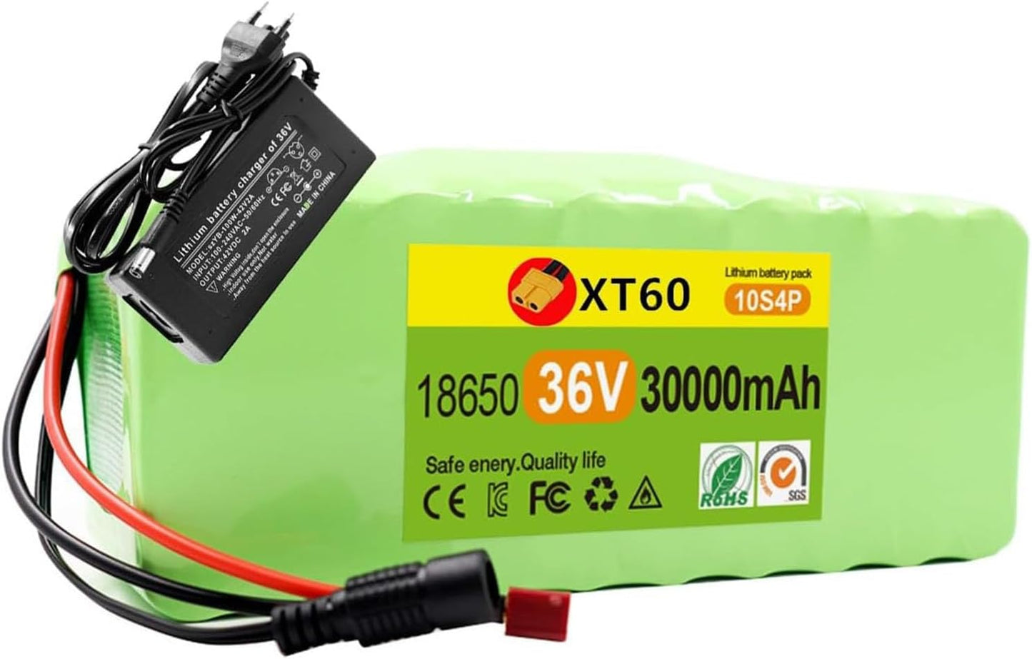 36V 30Ah Waterproof PVC Lithium-Ion Battery Pack, with BMS Board + Charger, for Electric Bike Scooter 200W 250W 500W Motor,T