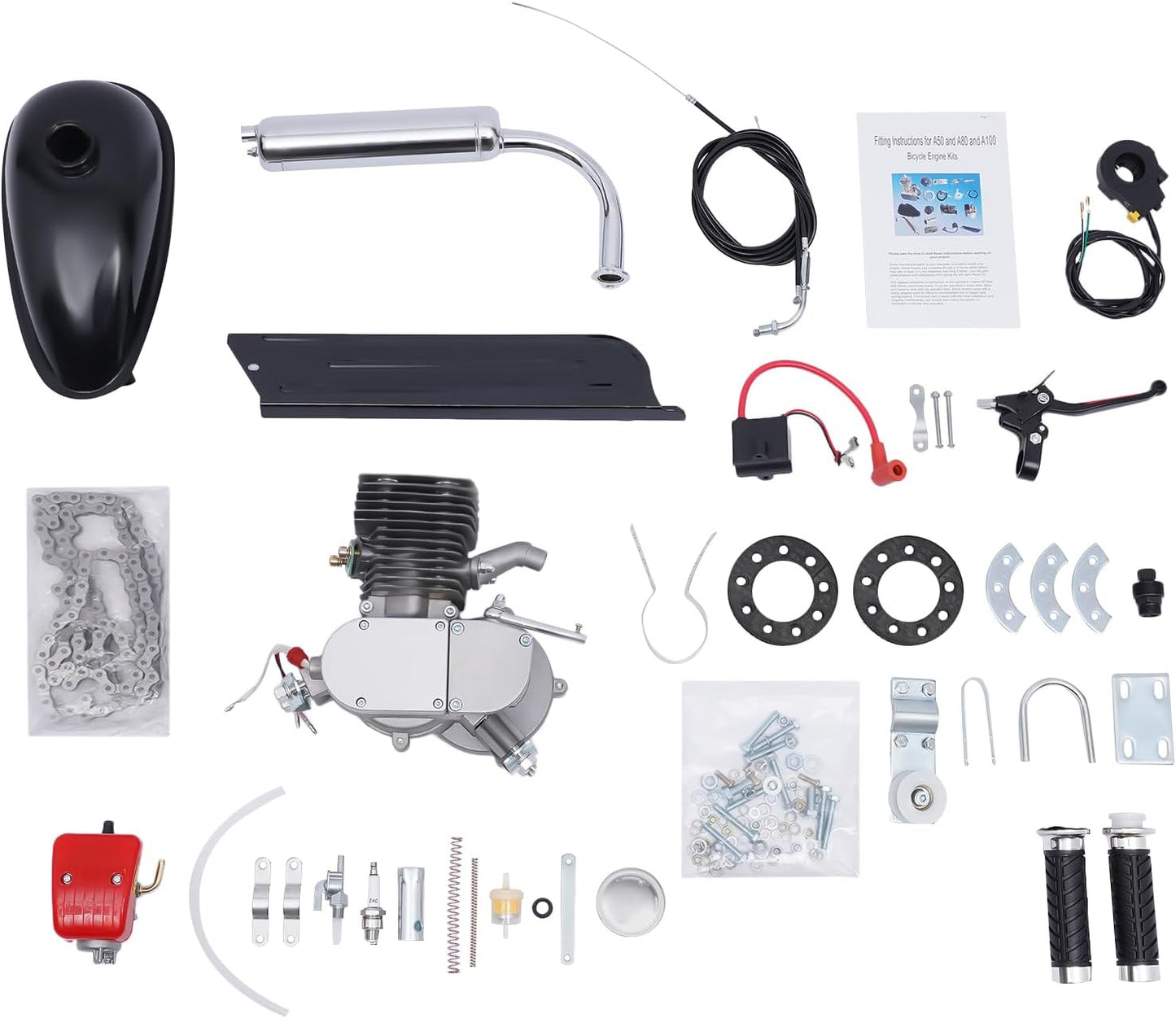 100CC Bicycle Engine Bike Motor Kit, 2 Stroke Gas Motorized Bike Conversion Kit with Air-Cooling, 36 Tooth Upgraded Full Bike Kit for 26-28" Bikes, Mountain Bikes, Road Bikes, Beach Bikes