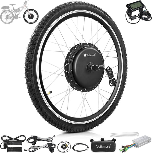 Voilamart 26" Ebike Conversion Kit 48V 1000W Electric Bicycle 100mm Front Hub Motor Wheel Kit E-Bike Conversion Kit with Intelligent Controller PAS System