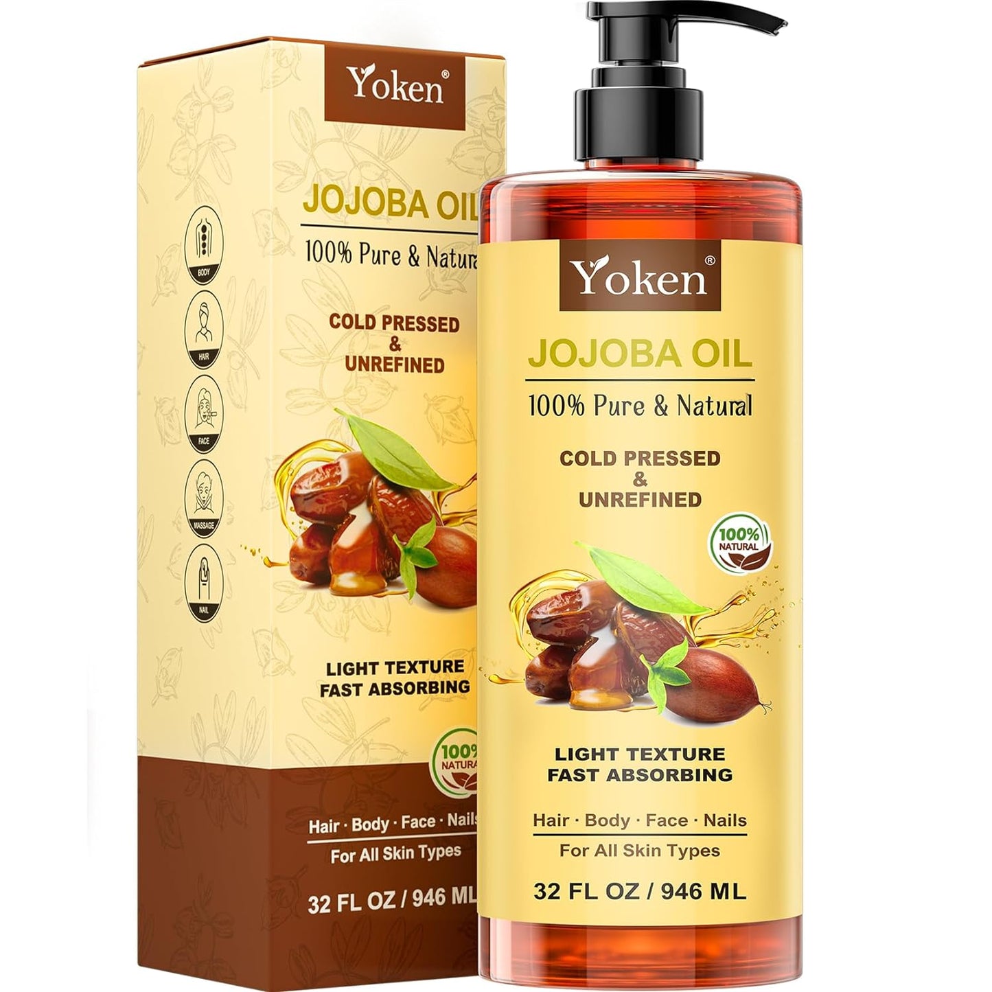 Yoken Jojoba Oil 32 fl oz (EWG Verified) 100% Pure & Natural Jojoba Oil for Skin, Face, Hair and Nails, Unrefined, Hexane Free, Cold Pressed Jojoba Oil Best Carrier Oil Deely Moisturizing Massage Oil