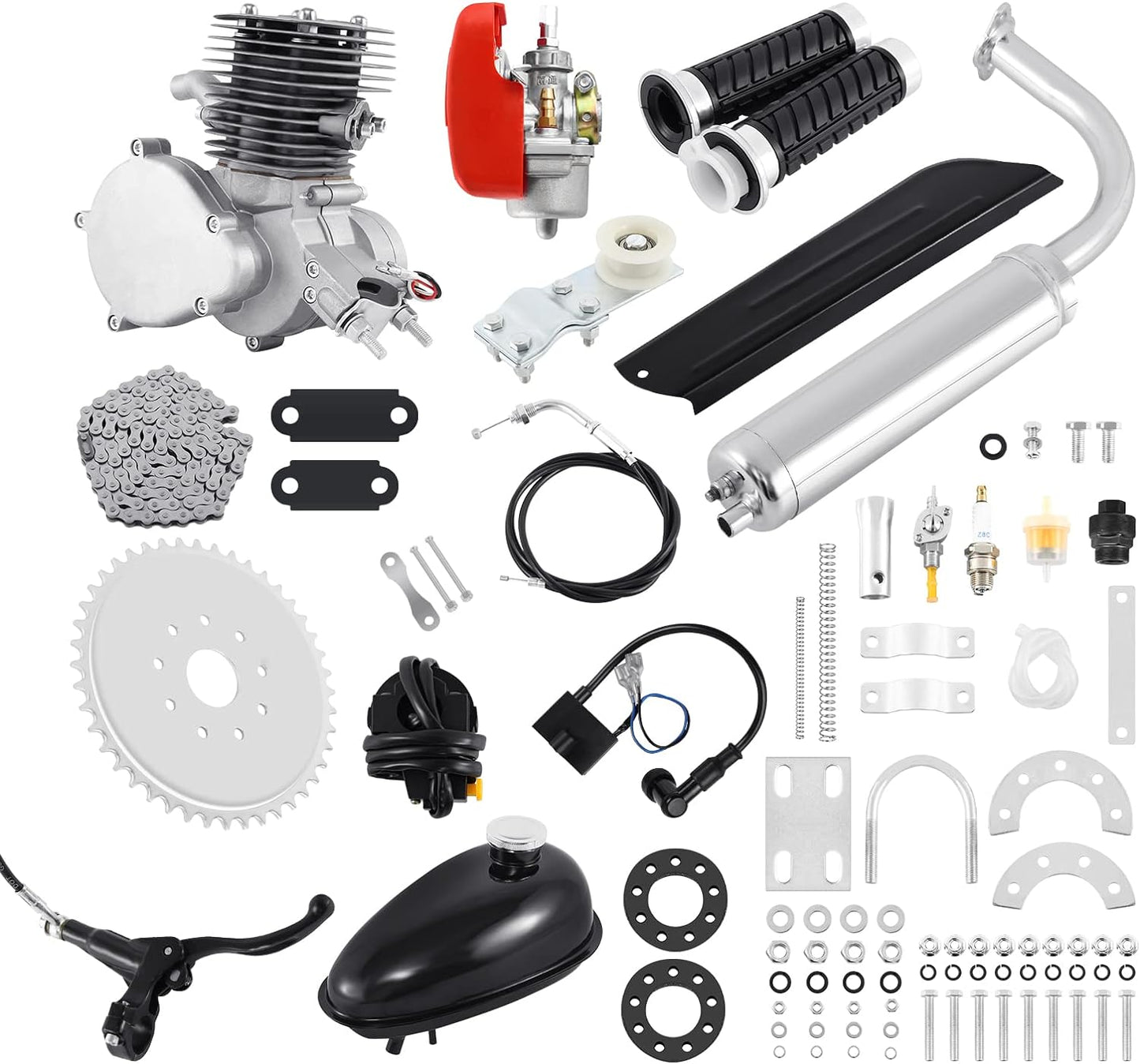 Ambienceo 100cc Engine 2-Stroke Petrol Gas Bicycle Motor Kit Hydraulic Motorized Bike Single Cylinder Air-cooled for 26" or 28'' Wheeled Bikes with V-frame(Silver)