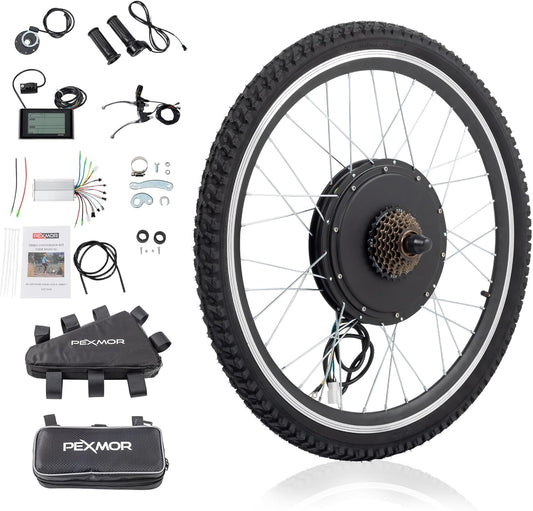 PEXMOR Electric Bike Conversion Kit, 48V 1000W /1500W 26" Front/Rear Wheel E-Bike Hub Motor Kit, Upgrade 3 Mode Controller w/PAS/LCD Display/Twist Throttle Ebike Bicycle Wheel Kit
