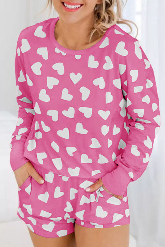 Pink Valentine Heart Shape Print Long Sleeve Top Shorts Lounge Set - SELFTRITSS
