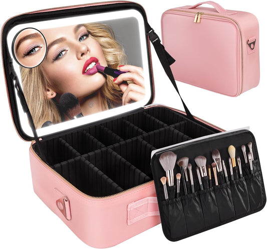 Yofuly Large Makeup Bag With Light Up Mirror, [Extra Large Size] Lighted Makeup Case, Travel Makeup Train Case with Adjustable Dividers and 10x Magnifying Mirror | 3 Adjustable Brightness