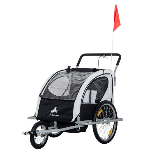 Aosom Elite 2-In-1 Three-Wheel Bicycle Cargo Trailer & Jogger for Two Children with 2 Safety Harnesses & Storage, White