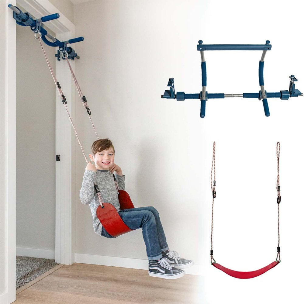 Gym1 - Deluxe Indoor Doorway Gym for Kids Playground Set - All in One Gym Set - Four Ways of Fun: Blue Indoor Swing, Plastic Rings, Climbing Ladder, and Pull up Bar