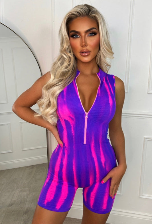 Zipped Tight Hot Pink Two Tone Zip Up Unitard