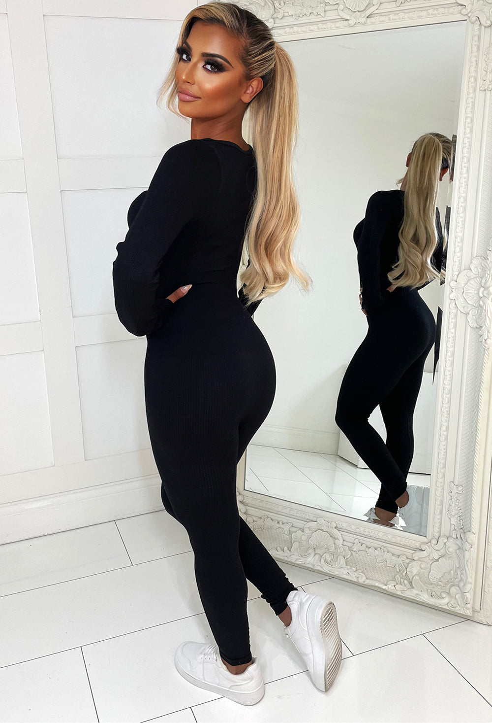 Workout Diva Black Long Sleeve Ultra Stretch Athleisure One Piece