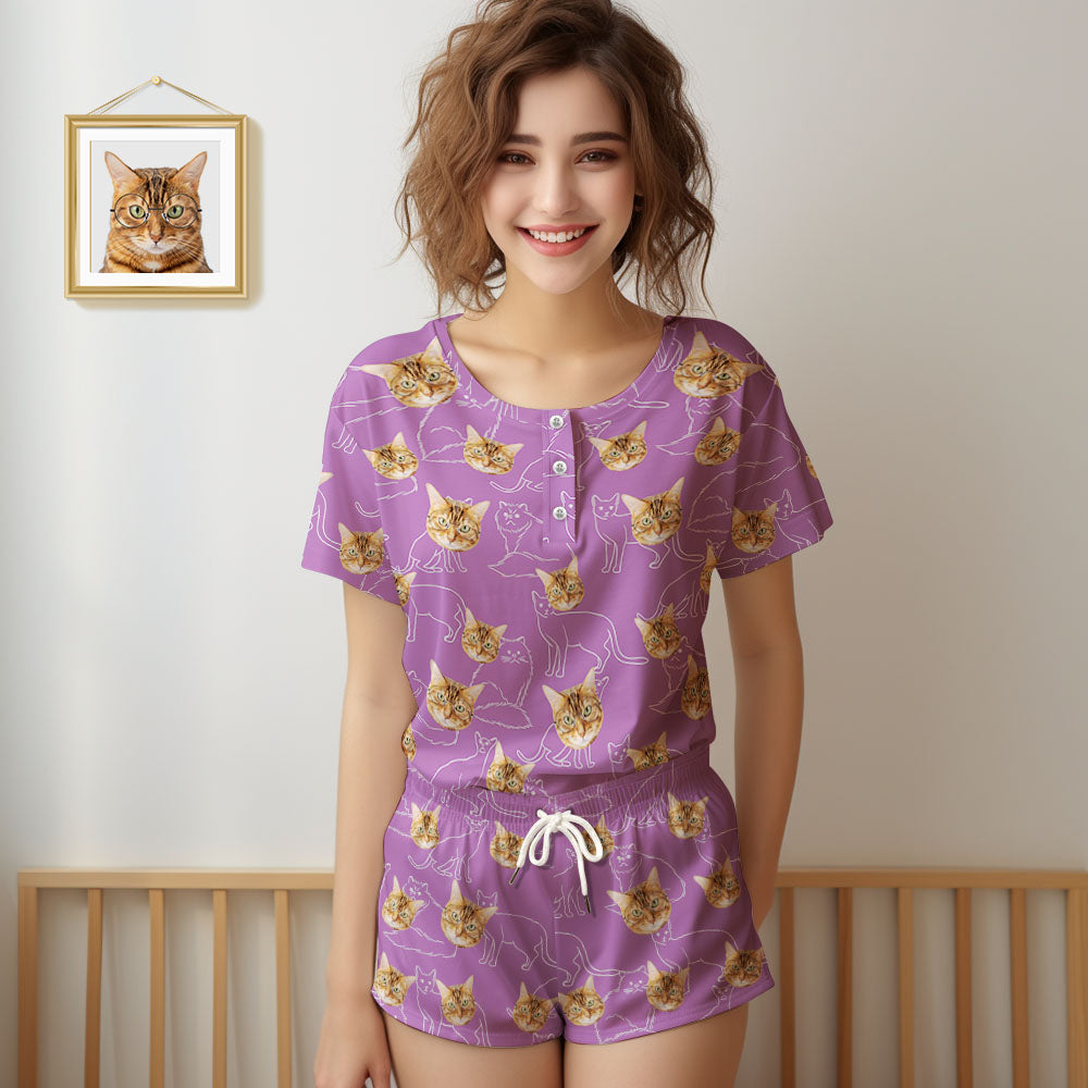 Custom Face Pajamas Cat Face Women Short Pajama Set Gift for Pet Lover