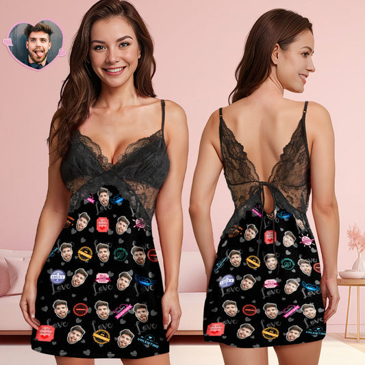 Custom Face Women Lace Sleepwear Love Stamps Personalized Photo Nightwear Valentine's Day Gift