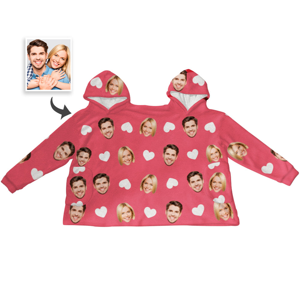 Custom Couple's Face Love Heart Jumpsuit Pajamas One-Piece Loungewear Blanket Funny Valentine's Day Gift