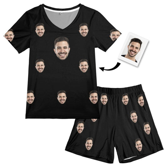 Custom Face Pajamas Black Funny Short Pajama Set Gift for Women