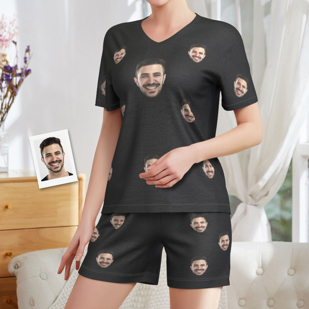 Custom Face Pajamas Black Funny Short Pajama Set Gift for Women