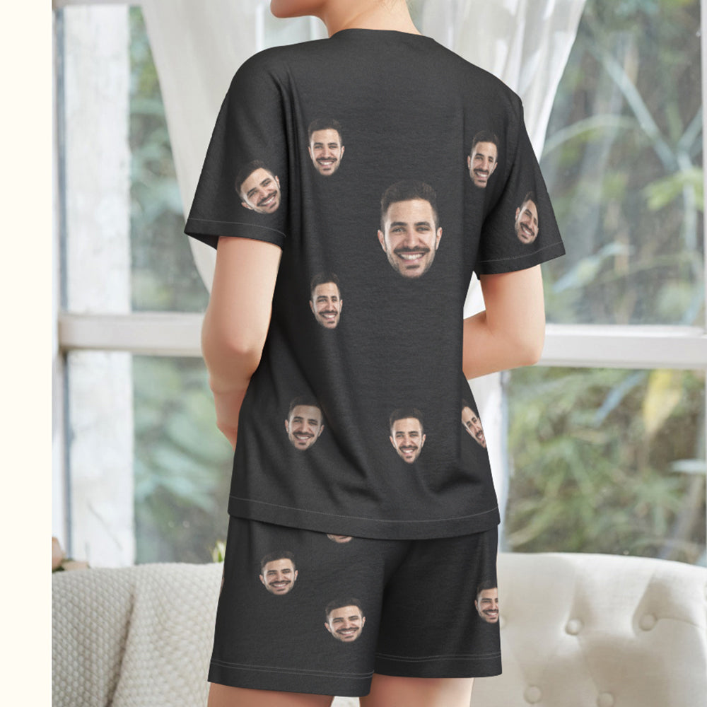 Custom Face Pajamas Black Funny Short Pajama Set Gift for Women