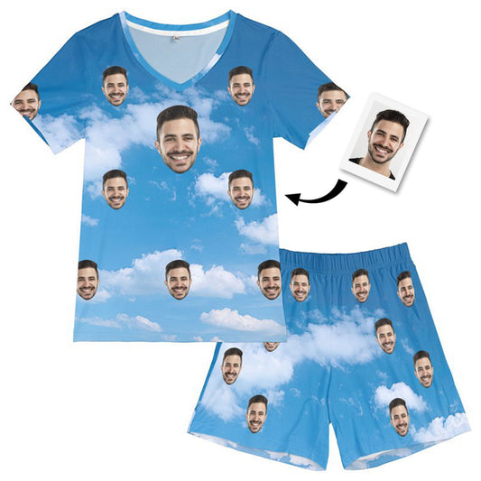 Custom Photo Face Pajamas Blue Sky Lover Short Pajama Set Gift for Women