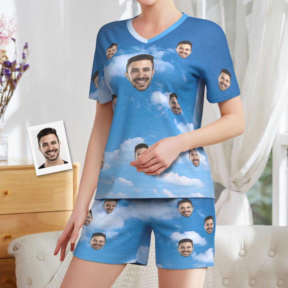 Custom Photo Face Pajamas Blue Sky Lover Short Pajama Set Gift for Women