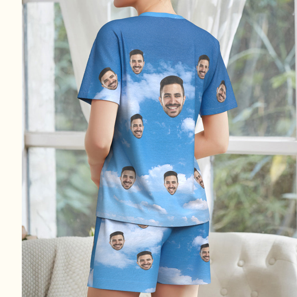 Custom Photo Face Pajamas Blue Sky Lover Short Pajama Set Gift for Women