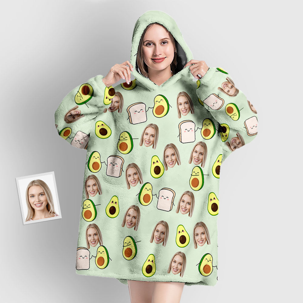 Custom Face Blanket Pajama Personalized Blanket Hoodie Gift for Women Avocado