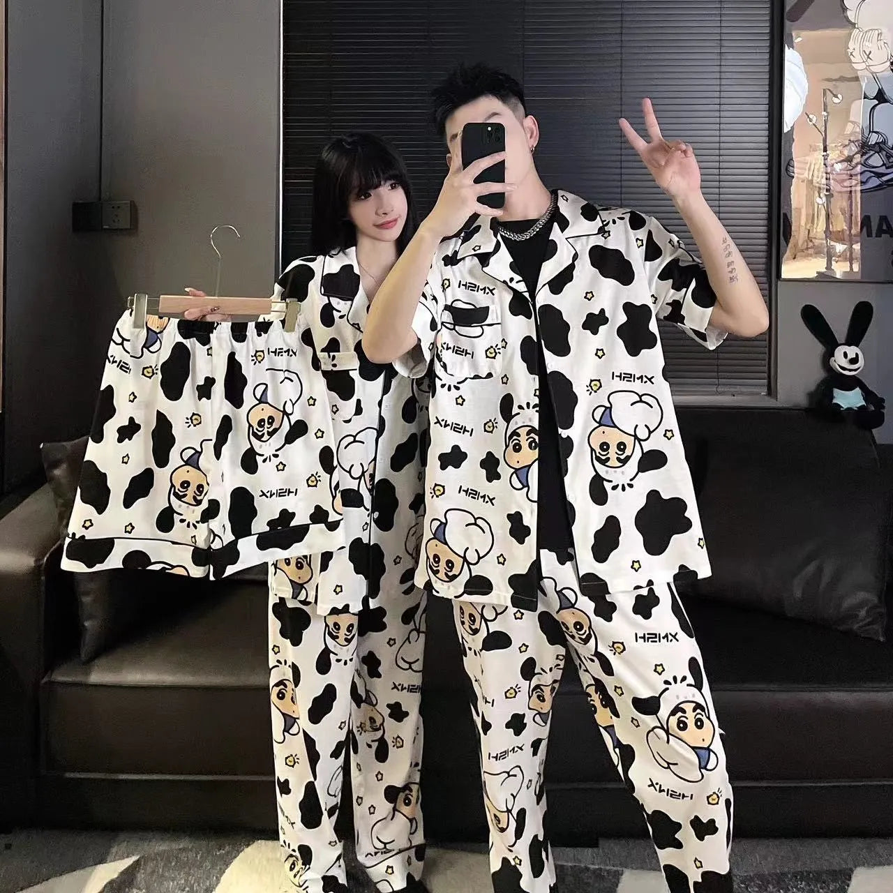 Cow Print Sleepwear New Women Men Winter Warm Couples Pajamas Set Lovers Nightgown Cute Cartoon Pijamas Home Clothes