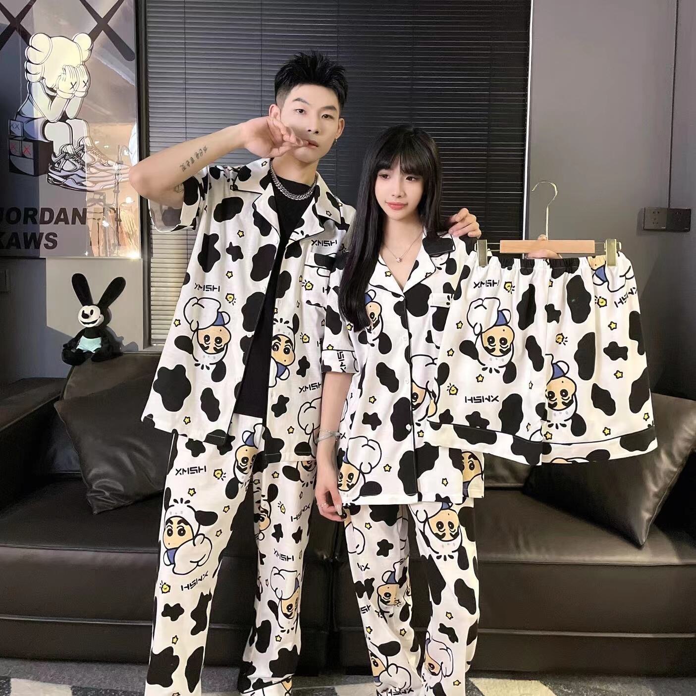 Cow Print Sleepwear New Women Men Winter Warm Couples Pajamas Set Lovers Nightgown Cute Cartoon Pijamas Home Clothes