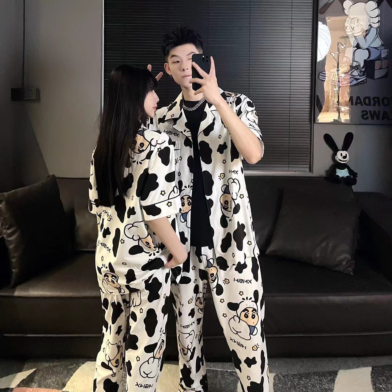Cow Print Sleepwear New Women Men Winter Warm Couples Pajamas Set Lovers Nightgown Cute Cartoon Pijamas Home Clothes