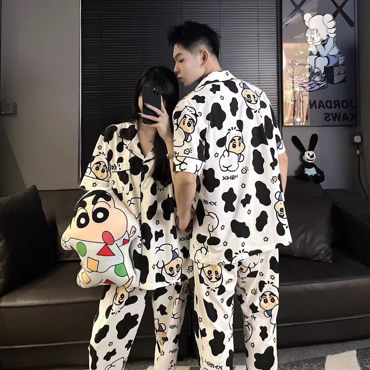 Cow Print Sleepwear New Women Men Winter Warm Couples Pajamas Set Lovers Nightgown Cute Cartoon Pijamas Home Clothes