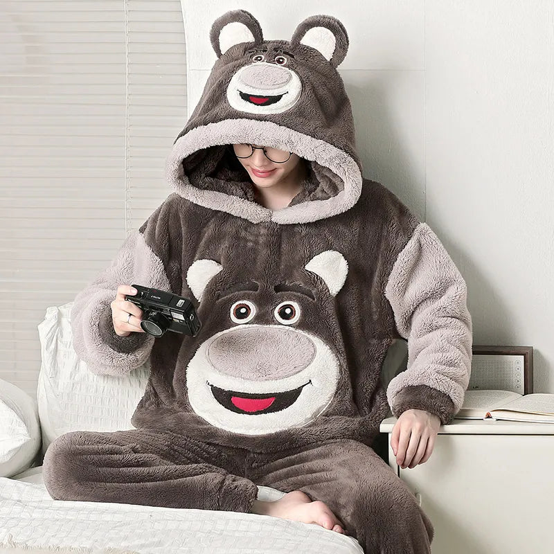 Kawaii Cute Animal Hooded Pajamas For Men's Winter Pajama Sets Sleepwear Kawai Nightwear Long Sleeve Thicken Warm Flannel Soft  Plus Size 3Xl
