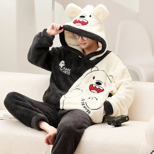 Kawaii Cute Animal Hooded Pajamas For Men's Winter Pajama Sets Sleepwear Kawai Nightwear Long Sleeve Thicken Warm Flannel Soft  Plus Size 3Xl F