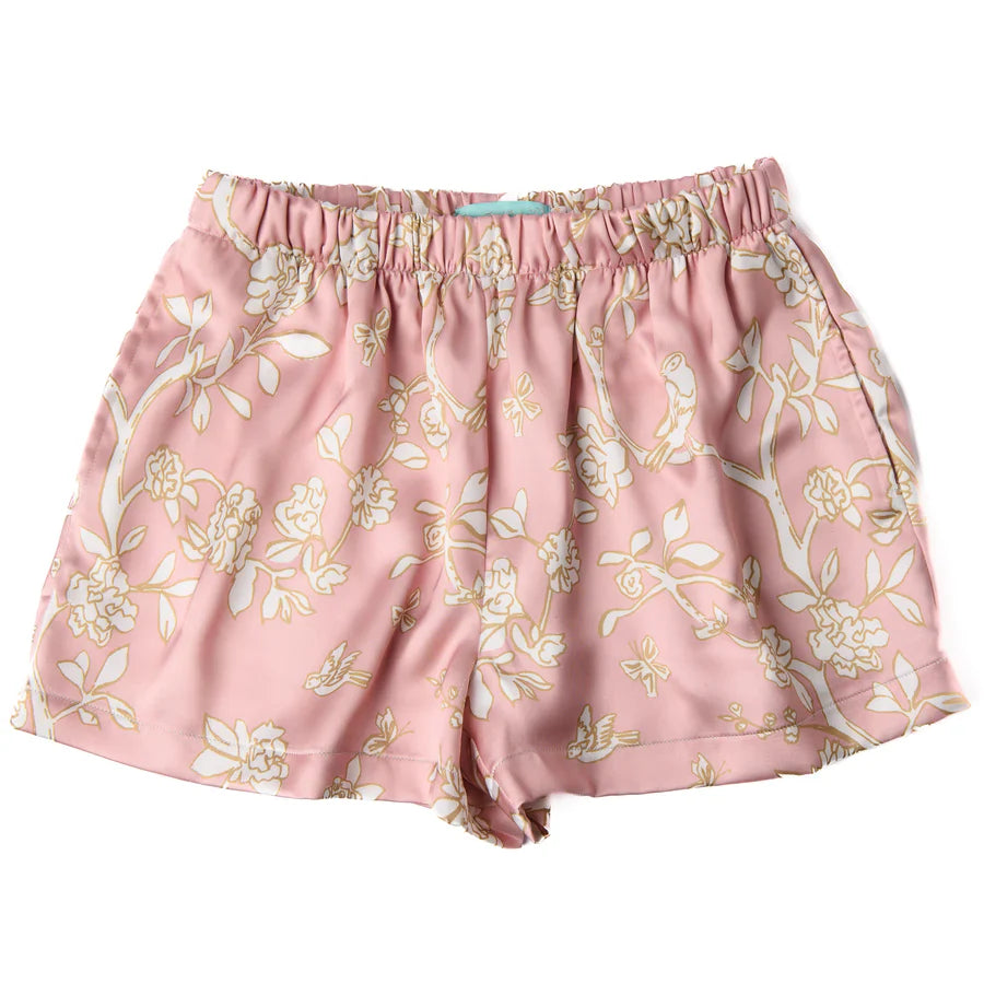 Over the Moon Pink Chinoiserie Satin Short with Pockets