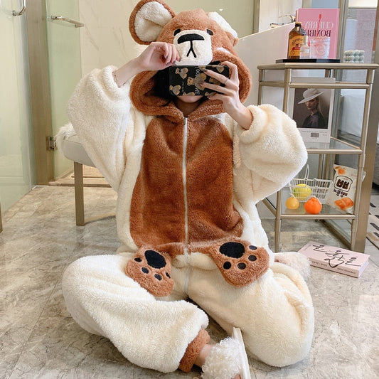 Kawaii Bear Paw Autumn Winter Warm Pajamas Women Sleepwear Winter Pajamas Loose Version One-Piece Cartoon Plush Hooded Nightgown Plus Size 4618