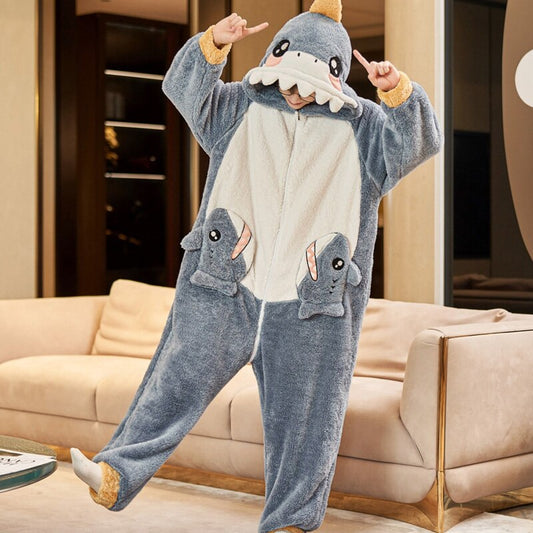 Kawaii Autumn Winter Warm Pajamas Women Sleepwear Winter Pajamas Loose Version One-Piece Cartoon Plush Hooded Nightgown Plus Size 4632 ShopOnlyDeal