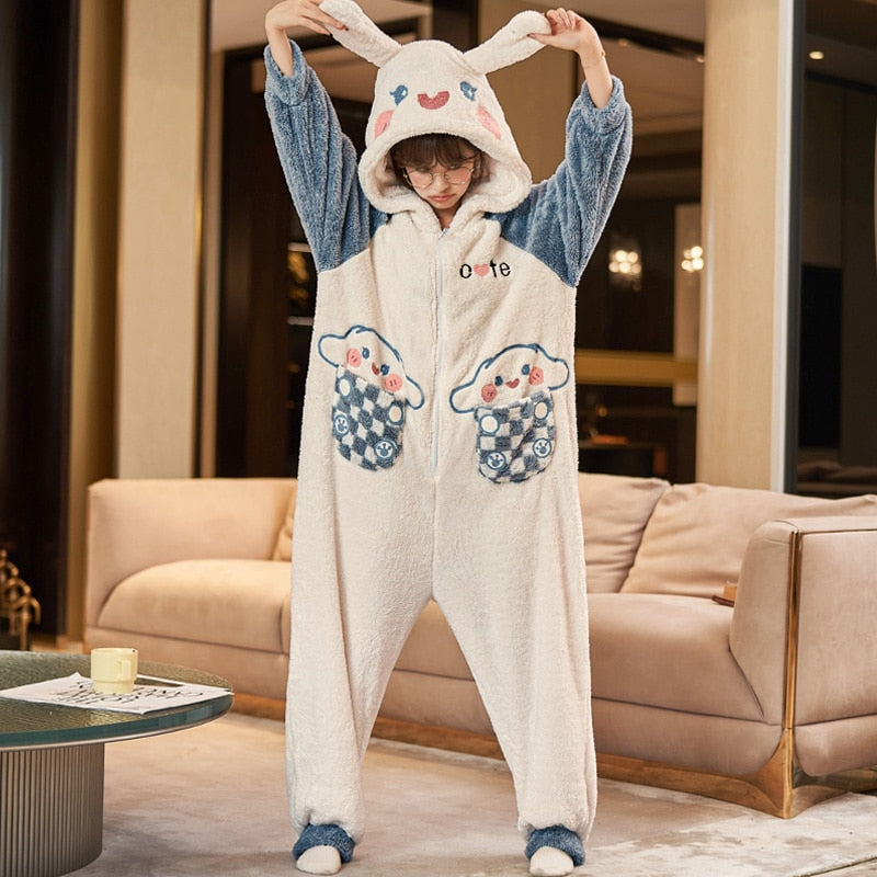 Bunny Ears Cute Kawaii Autumn Winter Warm Pajamas Women Sleepwear Winter Pajamas Loose Version One-Piece Cartoon Plush Hooded Nightgown Plus Size 4631