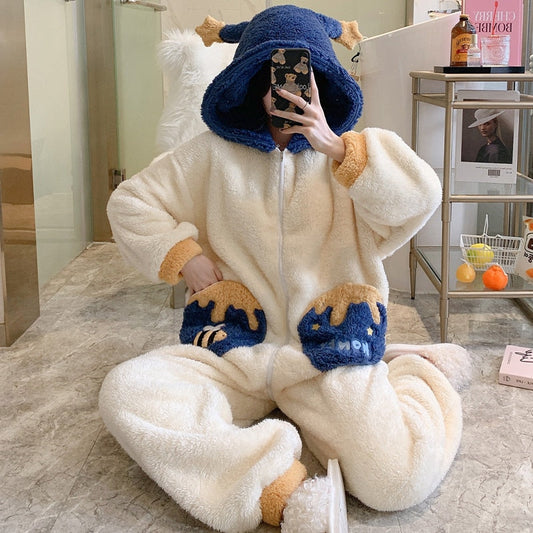 Kawaii Autumn Winter Warm Pajamas With Ears Women Sleepwear Winter Pajamas Loose Version One-Piece Cartoon Plush Hooded Nightgown Plus Size 4622