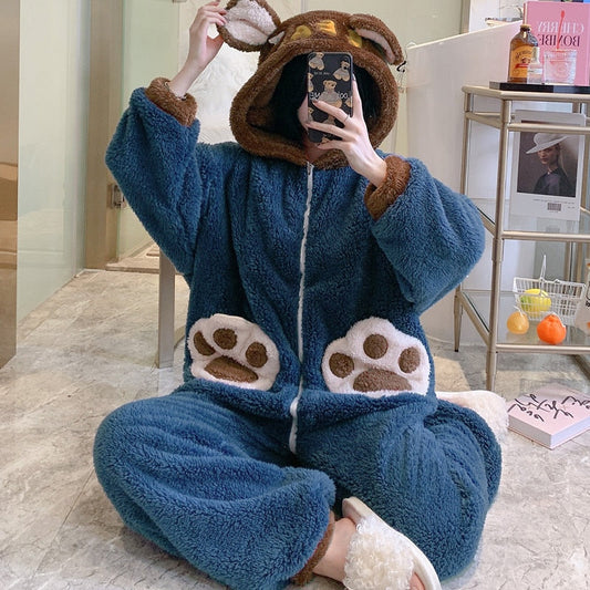 Paw Kawaii Autumn Winter Warm Pajamas Women Sleepwear Winter Pajamas Loose Version One-Piece Cartoon Plush Hooded Nightgown Plus Size 4620