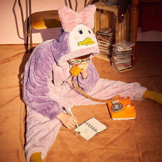 Kawaii Autumn Winter Warm Pajamas Women Sleepwear Winter Pajamas Loose Version One-Piece Cartoon Plush Hooded Nightgown Plus Size 7007