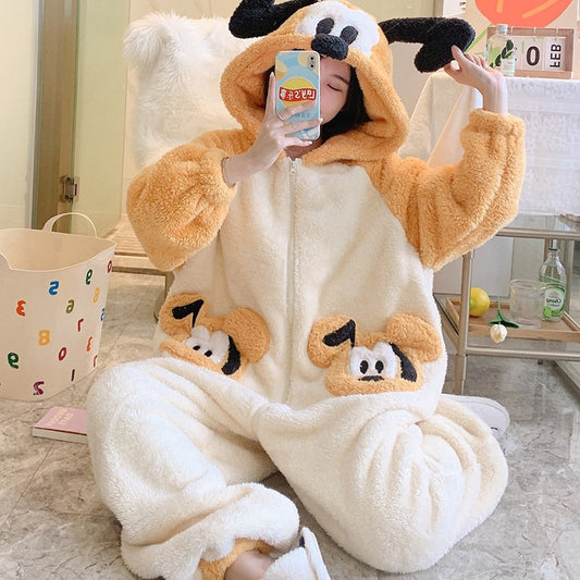 Kawaii Autumn Winter Warm Pajamas Women Sleepwear Winter Pajamas Loose Version One-Piece Cartoon Plush Hooded Nightgown Plus Size 4626