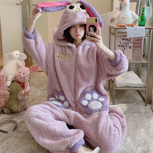 Kawaii Autumn Winter Warm Pajamas Women Sleepwear Winter Pajamas Loose Version One-Piece Cartoon Plush Hooded Nightgown Plus Size 4617