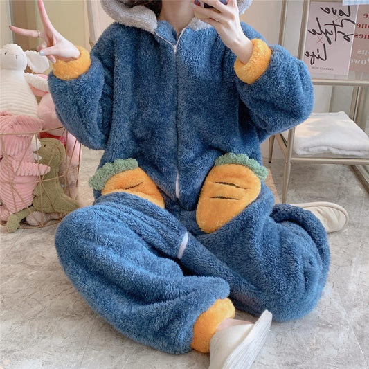 Carrot Bunny Kawaii Autumn Winter Warm Pajamas Women Sleepwear Winter Pajamas Loose Version One-Piece Cartoon Plush Hooded Nightgown Plus Size 4611