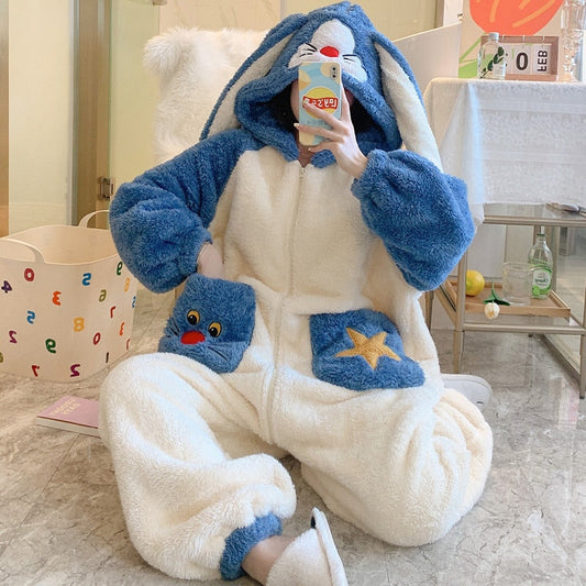 Star Bunny Ears Kawaii Autumn Winter Warm Pajamas Women Sleepwear Winter Pajamas Loose Version One-Piece Cartoon Plush Hooded Nightgown Plus Size 4627